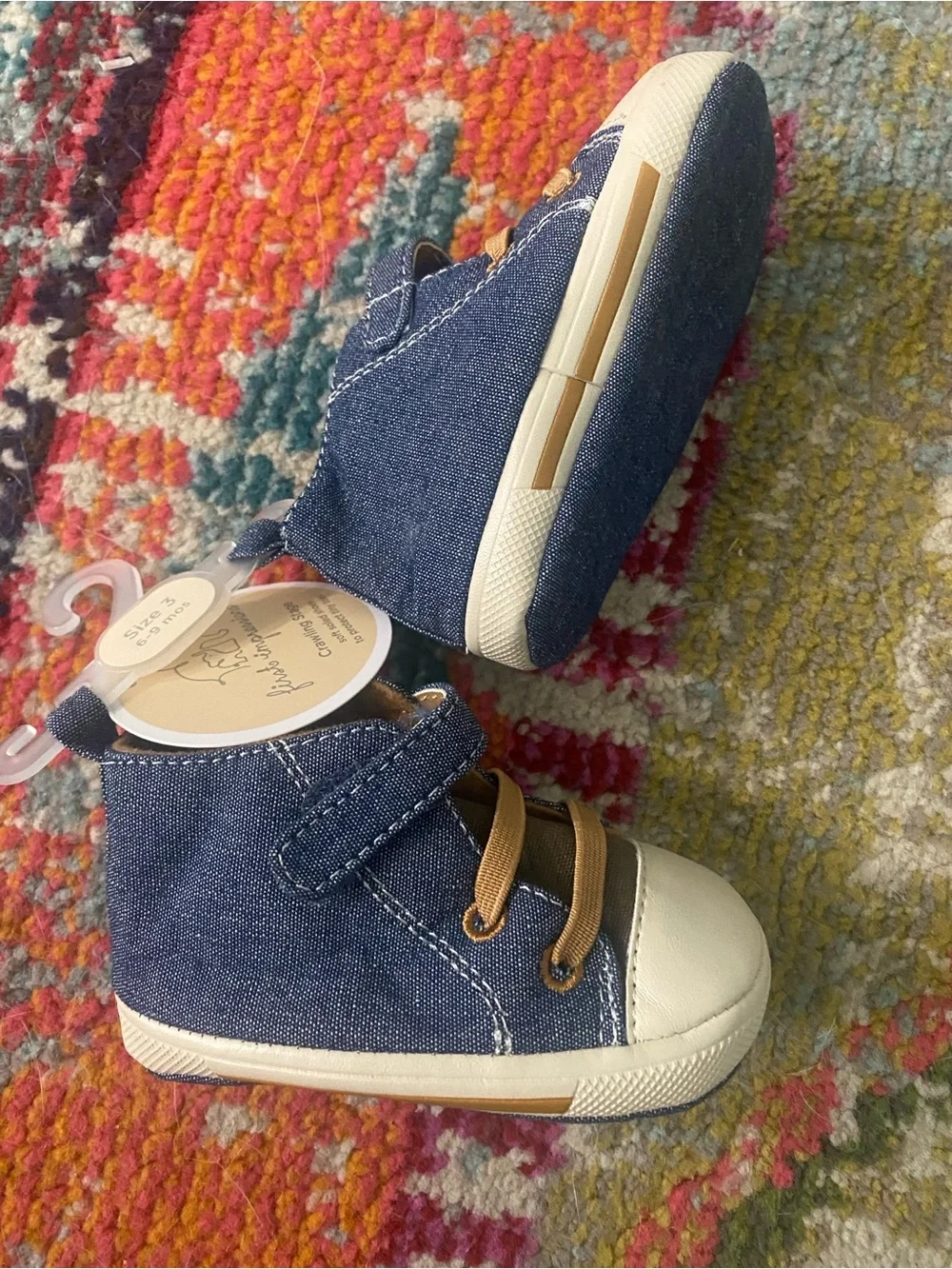 First Impressions Navy Blue Denim-Look Baby Slip-On Sneakers with Tan Accents
